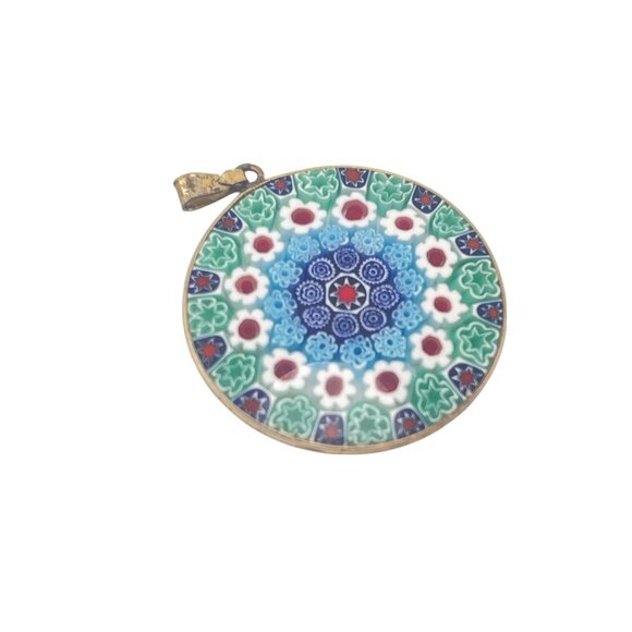 Millefiori Round Pendant Necklace With Intricate Floral Mosaic Design - Picture 7 of 8